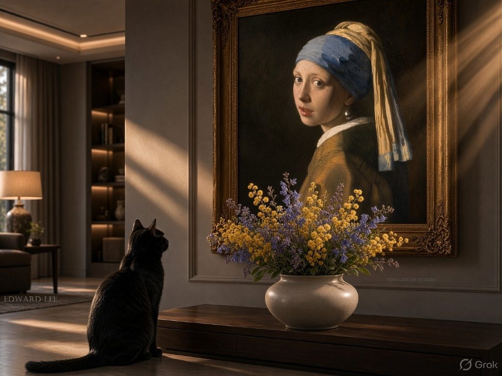 Black cat looking at Vermeer's Girl with a Pearl Earring above a table with a vase of wattle and bluebells