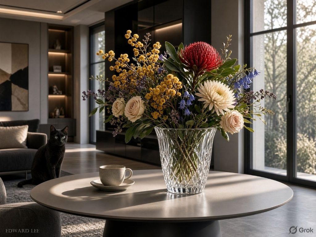 Black cat beside a sofa next to a round table with a vase of Australian flowers