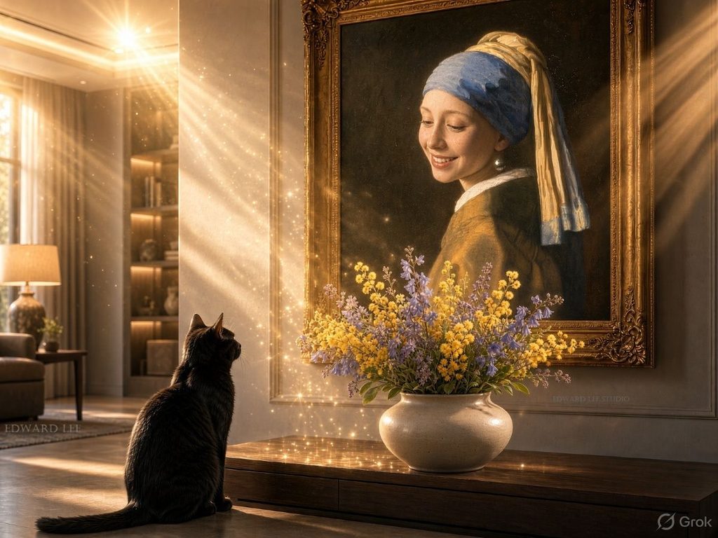 Girl smiling at a black cat as a ray of light shines on them
