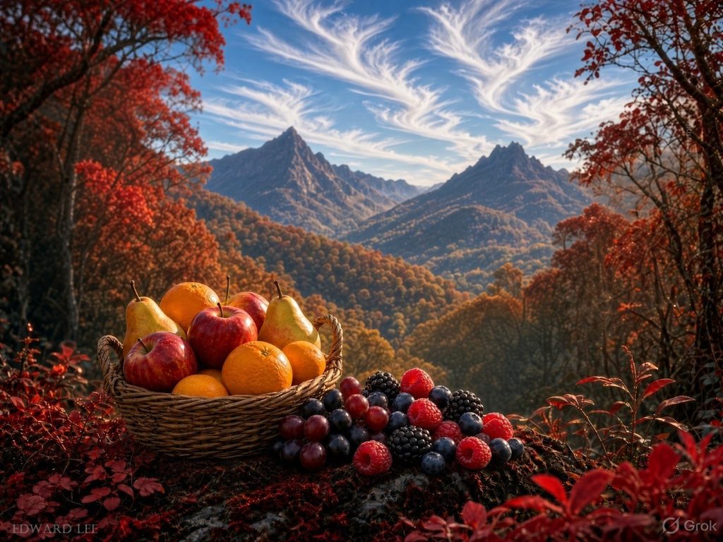 Fruit basket with red apples, oranges, pears, with grapes and berries beside it, in an autumn forest at midday, mountain view in the distance