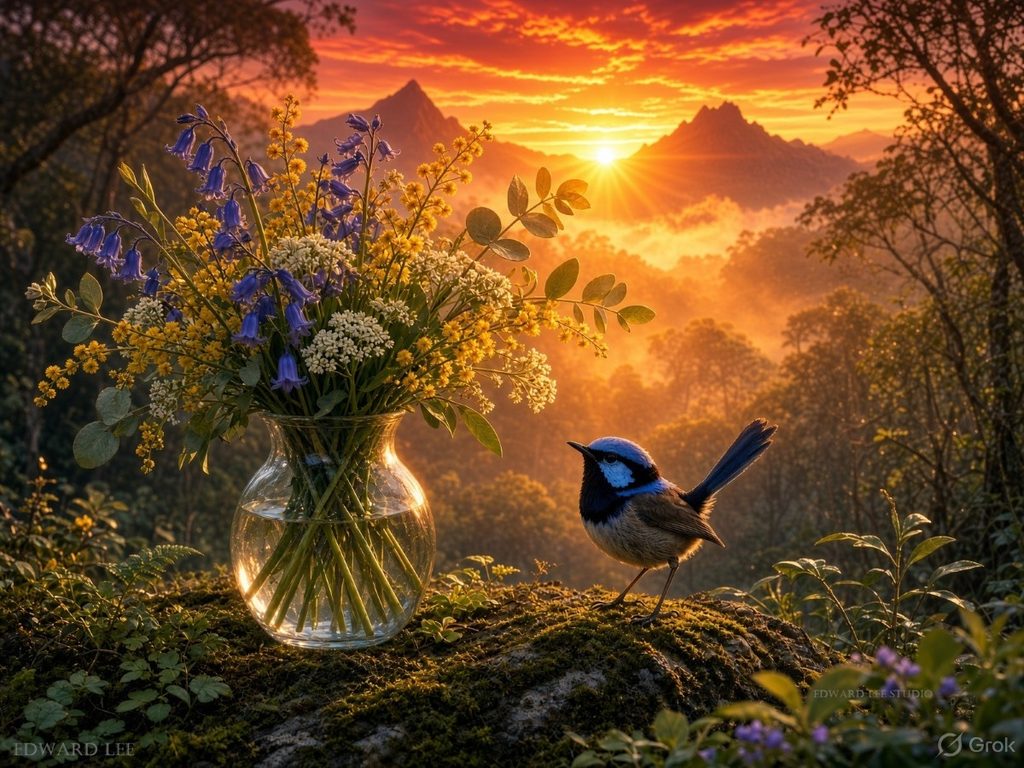 Sunrise forest with a glass vase of flowers, including wattle, bluebell and a superb fairywren beside it, mountain view in the distance