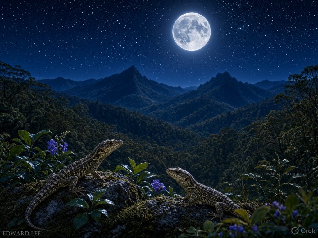 Lizards beneath a moonlit starry sky in a forest, mountain view in the distance