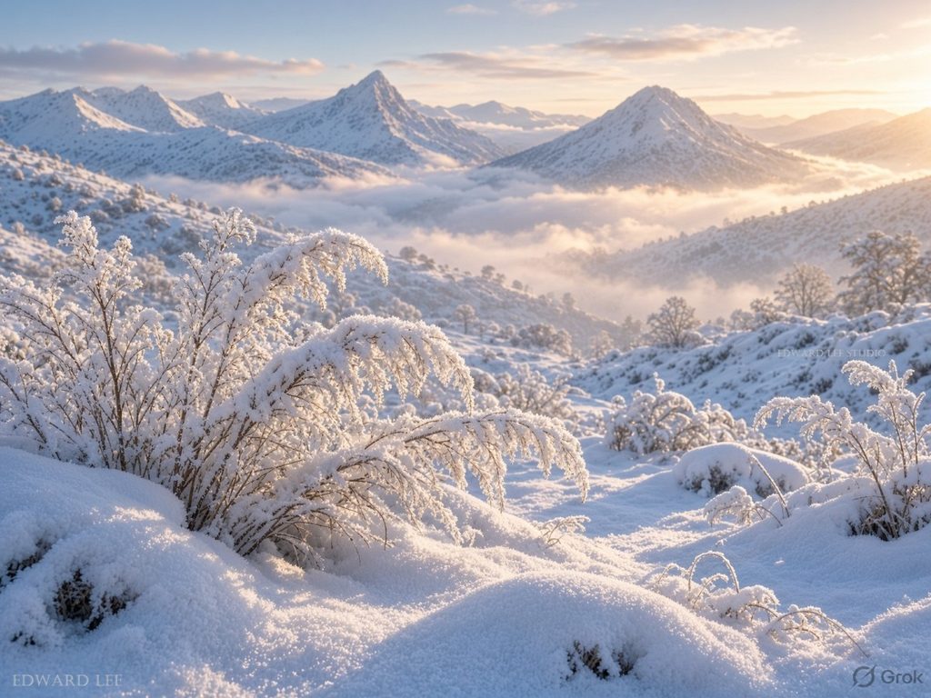 Snow-covered mountains with sparse vegetation in winter