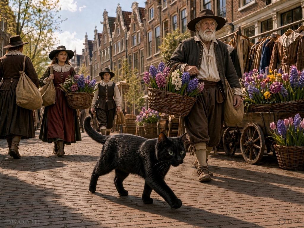 Black cat walking through a busy 17th century Dutch street, with people shopping at stalls selling clothing and flowers