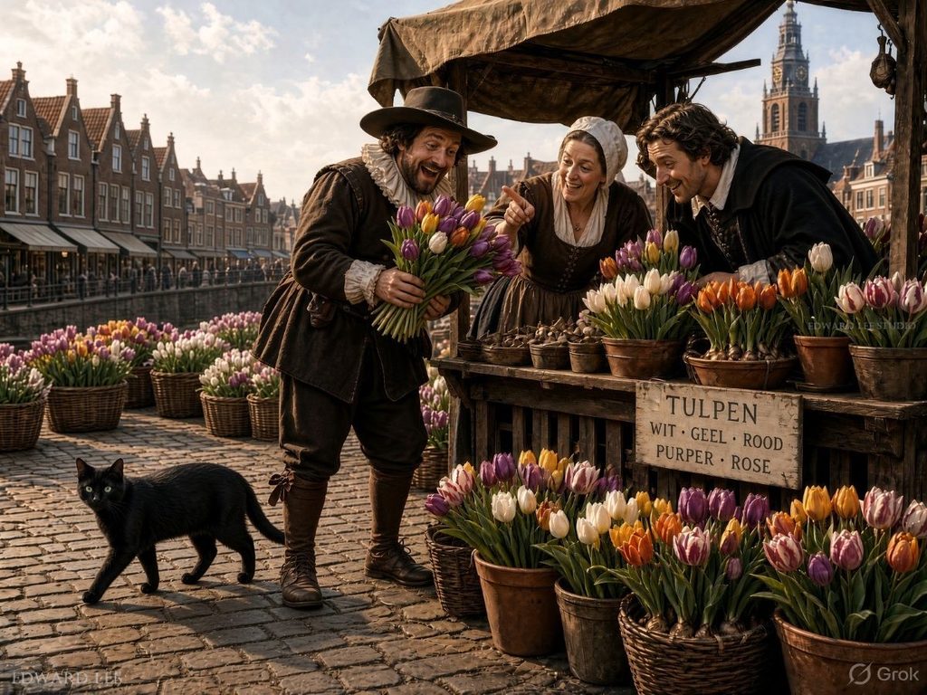 Black cat at a 17th century Dutch tulip market, where a happy man admires his newly purchased tulips