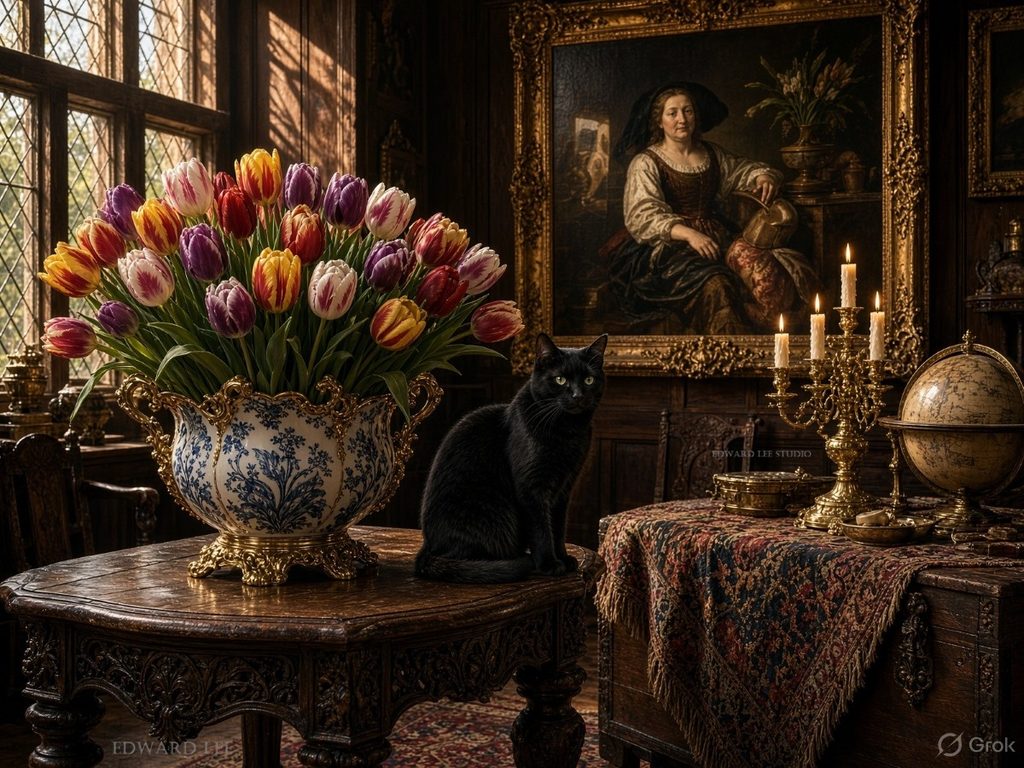 Black cat in a wealthy 17 century Dutch home, with tulips displayed in an elaborate vase among luxury furnishings and a portrait painting