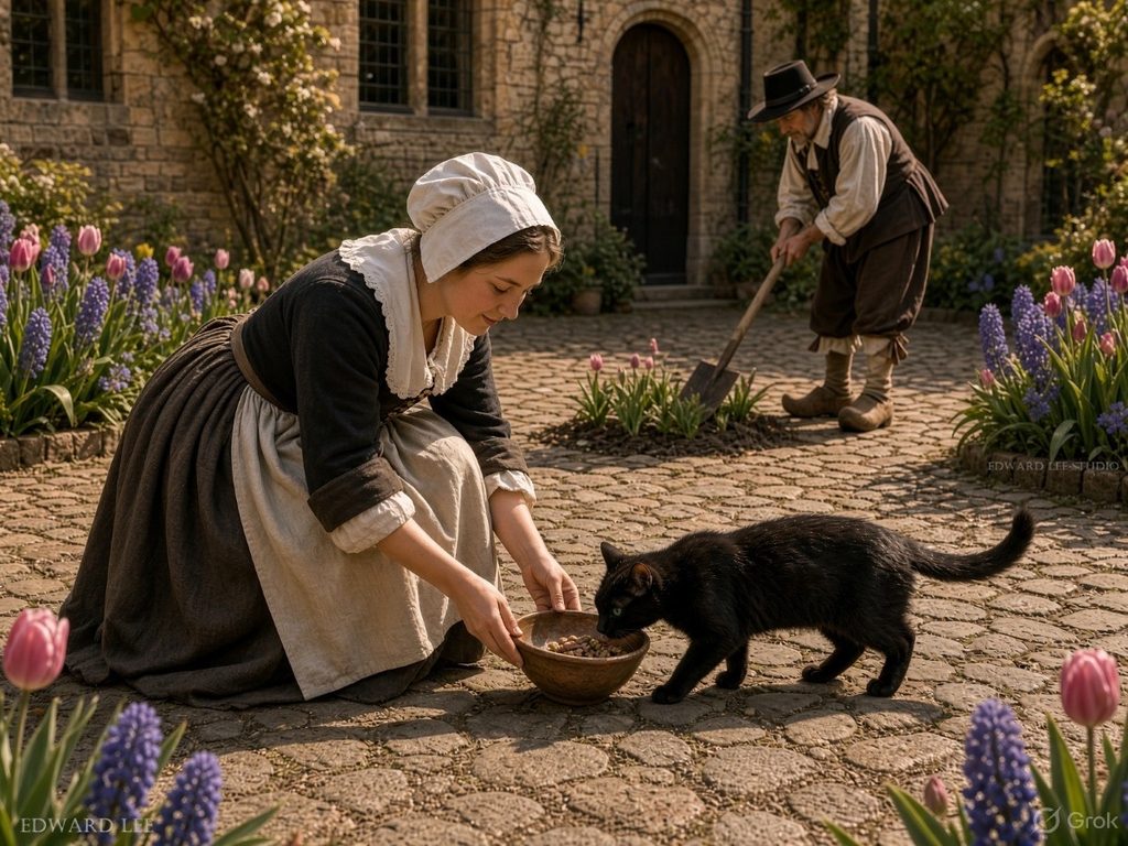 Black cat being fed by a Dutch woman in a private garden outside a 17th century Dutch home, with a man gardening in the background