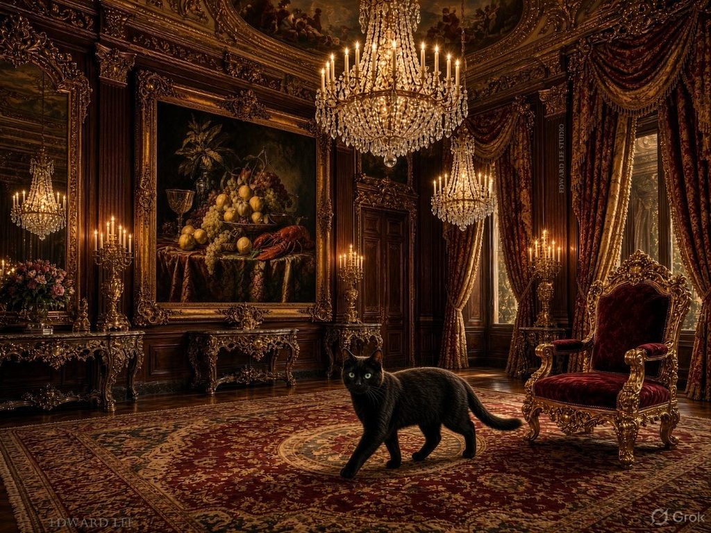 Black cat in a luxurious 17th century style room with a large still-life painting by Jan Davidsz de Heem hanging on the wall