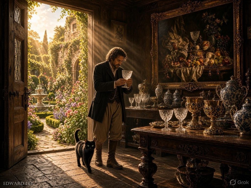 Jan Davidsz de Heem shopping for glassware in a luxurious shop displaying ceramics and gold and silver chalices, with his large still-life painting on the wall and accompanied by a black cat