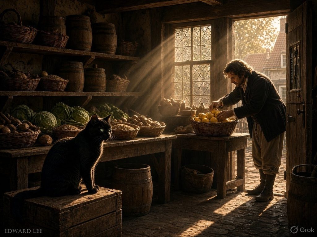 Jan Davidsz de Heem selecting a lemon at a produce shop, accompanied by a black cat