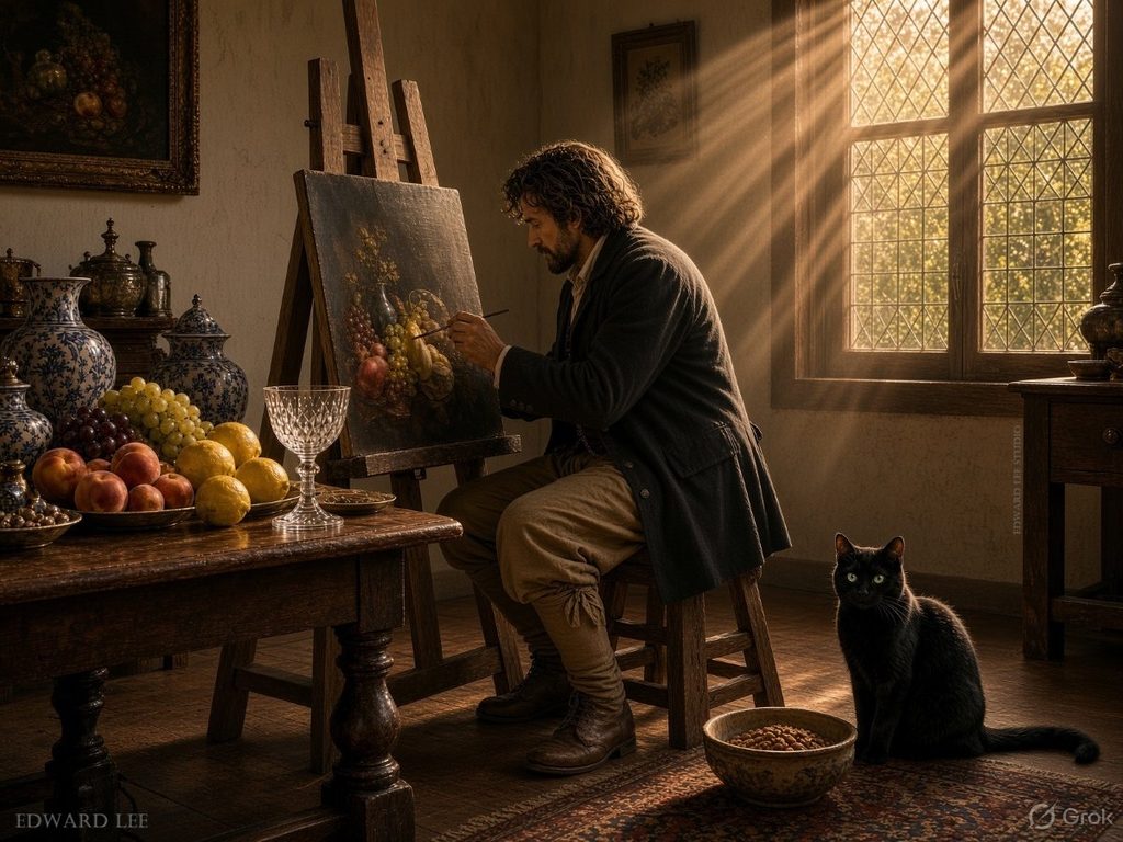 Jan Davidsz de Heem painting a still life in his studio, with a black cat nearby