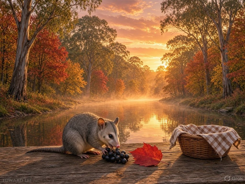 Possum eating grapes on a wooden table beside a lake surrounded by trees, with warm autumn-colored foliage and sunset light.
