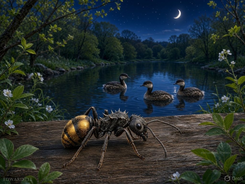 Golden-tailed spiny ant on a wooden table in the foreground, with three waterbirds swimming on a lake surrounded by trees, a crescent moon in the sky, and fresh leaves.