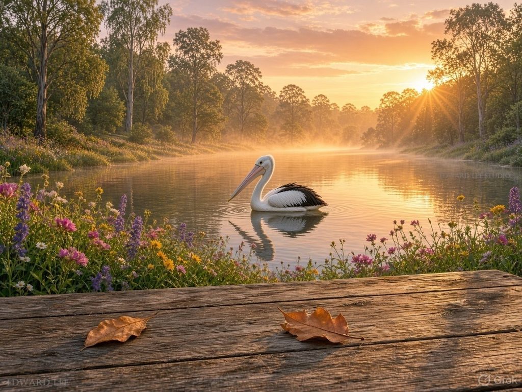 Pelican swimming on a lake surrounded by trees, with flowers in the foreground and sunlight illuminating the scene. 