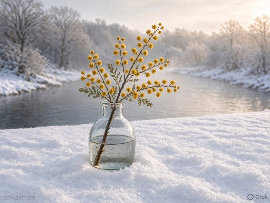 Glass vase holding a single wattle branch on a wooden table covered in thick snow, with snow-covered trees surrounding a lake in the background.