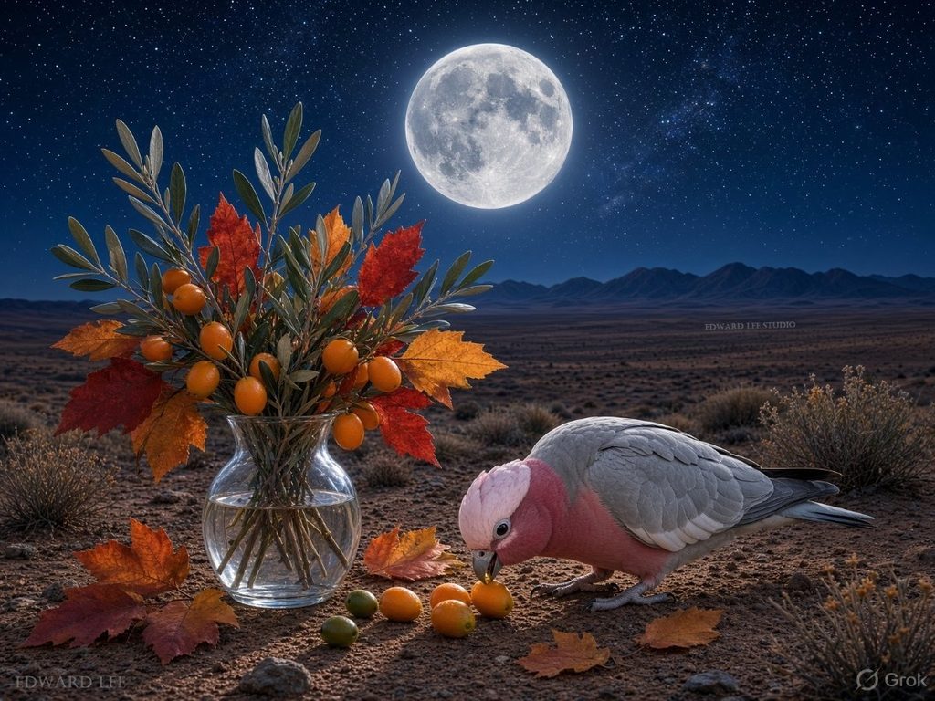 Moonlit Australian desert landscape with a vase holding olive branches, kumquats and autumn leaves, while an Australian galah beside the vase eats a fallen kumquat, with distant mountains in the background.