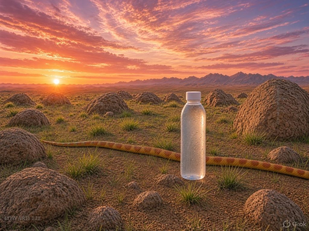 Australian desert landscape at sunset, with a snake moving across the foreground beside a bottle of spring water, sparse vegetation, rocks and distant mountains.