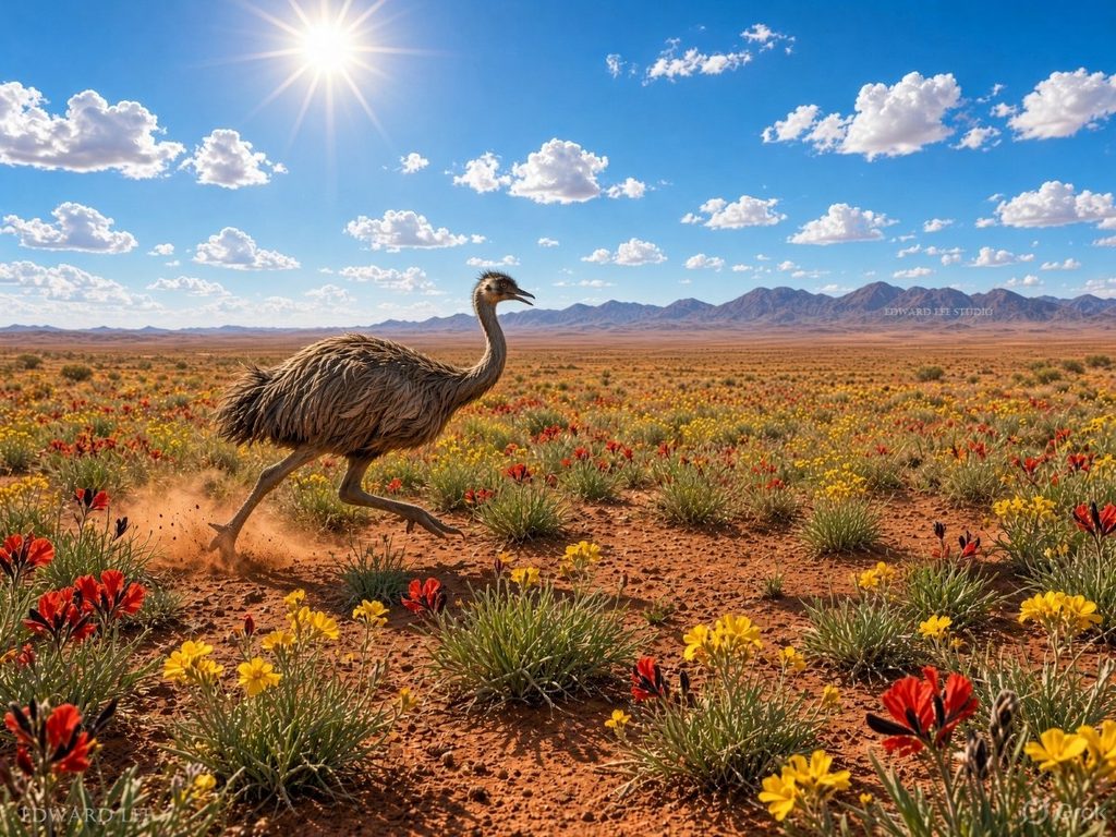 Australian desert landscape at midday, with colorful desert flowers in the foreground and an emu running across the hot, expansive landscape, with distant mountains beyond.