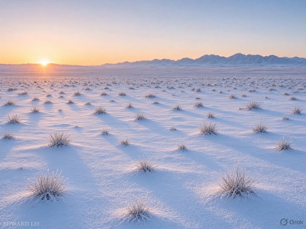 Australian desert landscape at dawn, with snow covering sparse, colorless desert grass and shrubs, and distant mountains beneath the cold winter light.